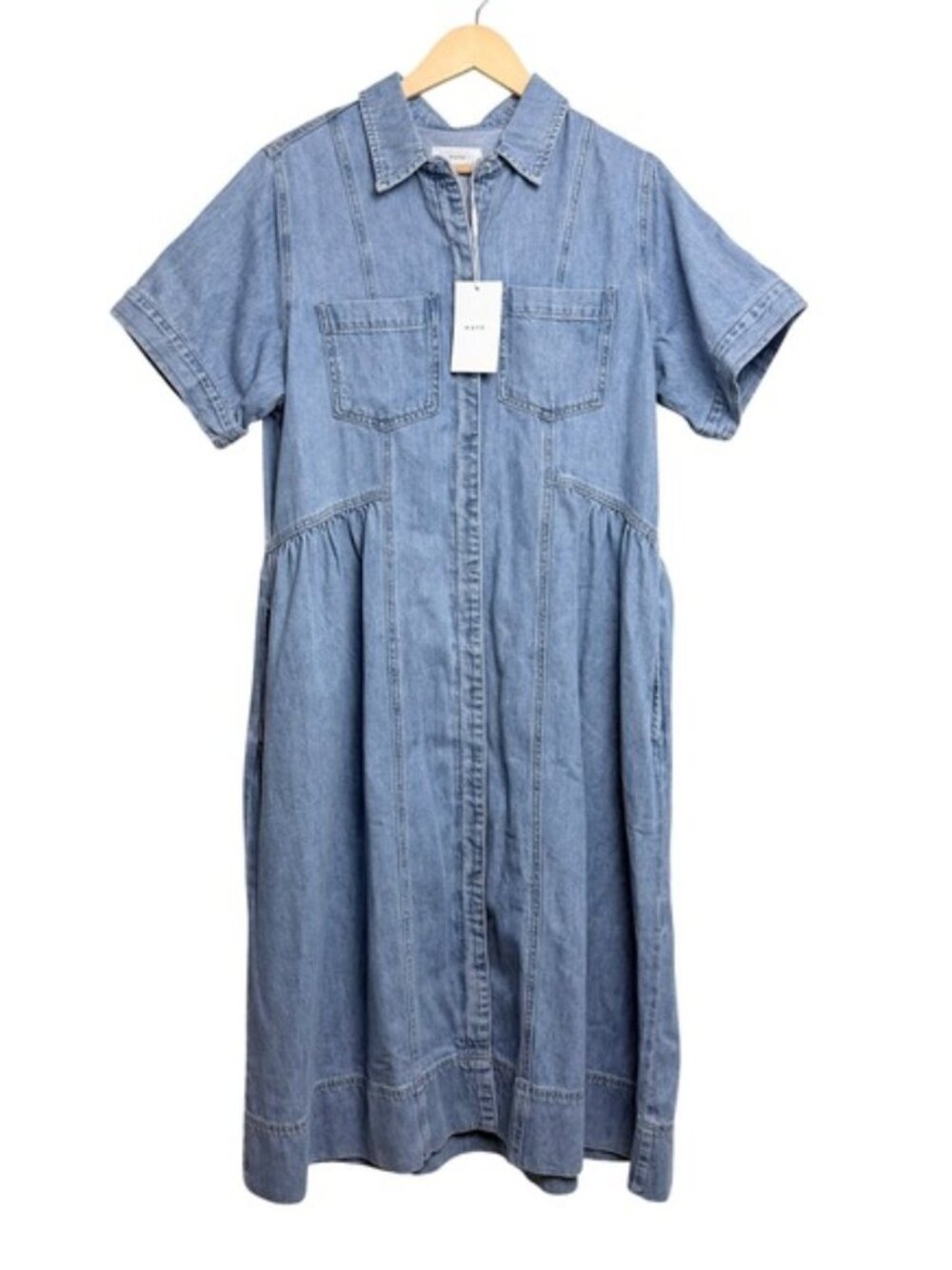 MAYE Montana Denim Dress Light Blue Short Sleeve Midi Button Front Size L NWT